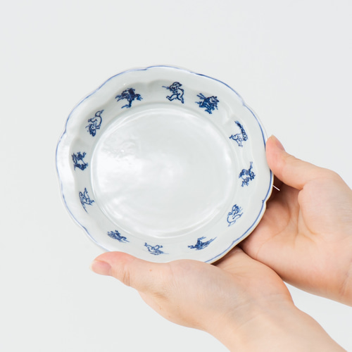 有田焼 渓山窯 染付鳥獣戯画 リム平皿5枚セット 直径約18cm 有田焼