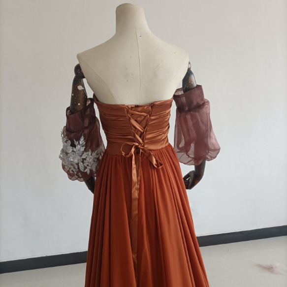テラコッタ色カラードレス ベアトップ プリンセスライン パフスリーブ オフショル トレーンタイプ/音楽会 発表会 X1814629990(13992円)