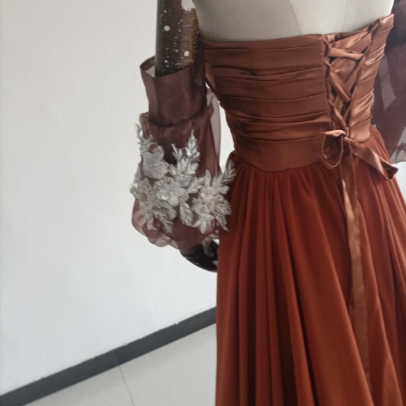 テラコッタ色カラードレス ベアトップ プリンセスライン パフスリーブ オフショル トレーンタイプ/音楽会 発表会 X1814629990(13992円)