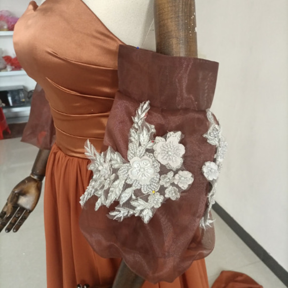 テラコッタ色カラードレス ベアトップ プリンセスライン パフスリーブ オフショル トレーンタイプ/音楽会 発表会 X1814629990(13992円)