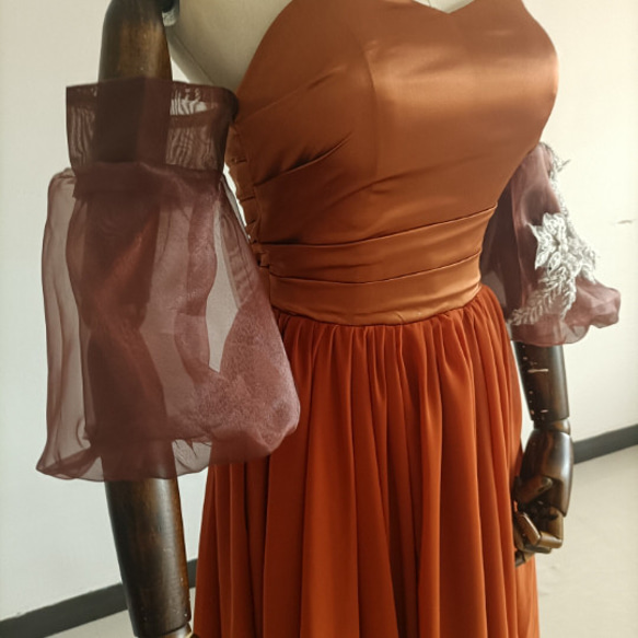 テラコッタ色カラードレス ベアトップ プリンセスライン パフスリーブ オフショル トレーンタイプ/音楽会 発表会 X1814629990(13992円)
