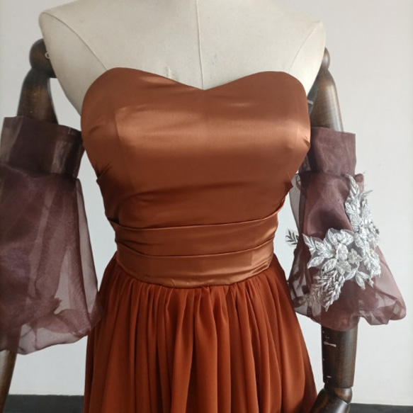 テラコッタ色カラードレス ベアトップ プリンセスライン パフスリーブ オフショル トレーンタイプ/音楽会 発表会 X1814629990(13992円)