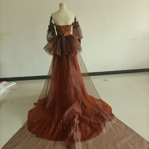 テラコッタ色カラードレス ベアトップ プリンセスライン パフスリーブ オフショル トレーンタイプ/音楽会 発表会 X1814629990(13992円)