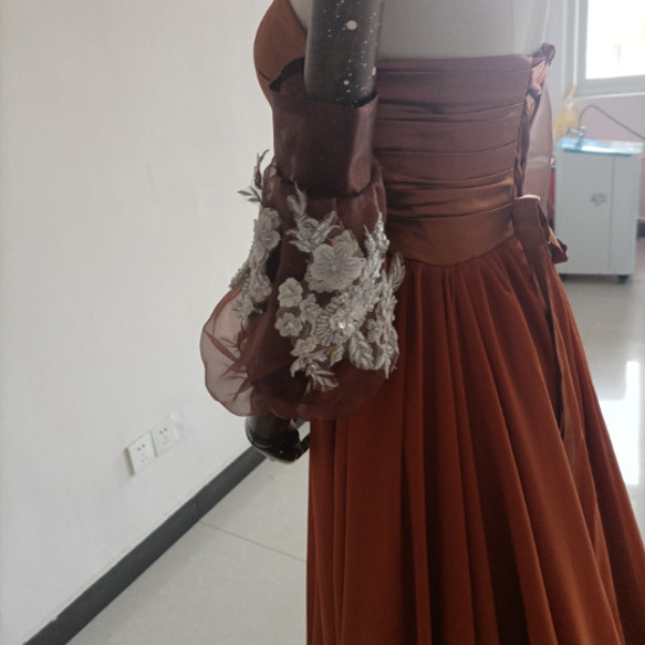 テラコッタ色カラードレス ベアトップ プリンセスライン パフスリーブ オフショル トレーンタイプ/音楽会 発表会 X1814629990(13992円)