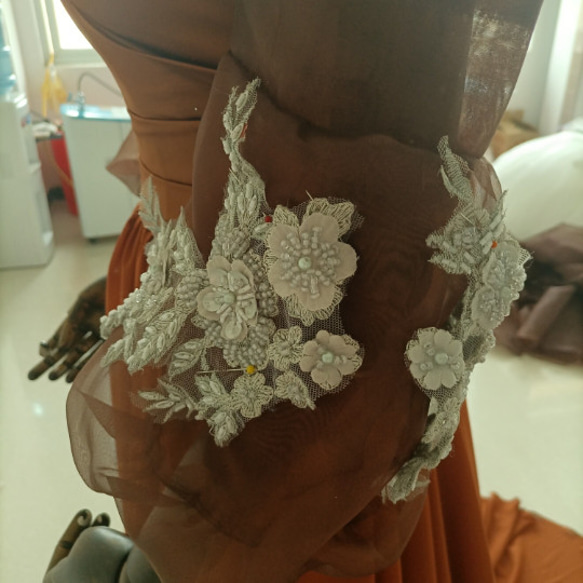 テラコッタ色カラードレス ベアトップ プリンセスライン パフスリーブ オフショル トレーンタイプ/音楽会 発表会 X1814629990(13992円)