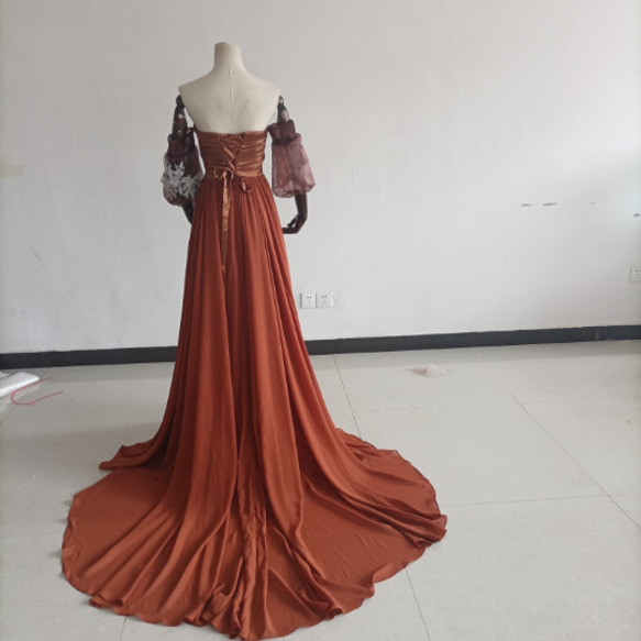 テラコッタ色カラードレス ベアトップ プリンセスライン パフスリーブ オフショル トレーンタイプ/音楽会 発表会 X1814629990(13992円)