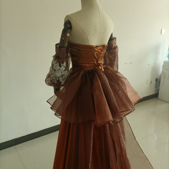 テラコッタ色カラードレス ベアトップ プリンセスライン パフスリーブ オフショル トレーンタイプ/音楽会 発表会 X1814629990(13992円)