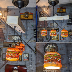 アメリカンダイナー/ バーガーズカフェ シーリングライト/ 3連結式 ダイニングテーブル ランプ/ ハンバーガー 6枚目の画像