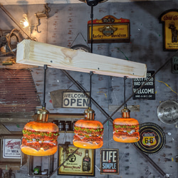 アメリカンダイナー/ バーガーズカフェ シーリングライト/ 3連結式 ダイニングテーブル ランプ/ ハンバーガー 2枚目の画像