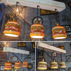 アメリカンダイナー/ バーガーズカフェ シーリングライト/ 3連結式 ダイニングテーブル ランプ/ ハンバーガー 5枚目の画像