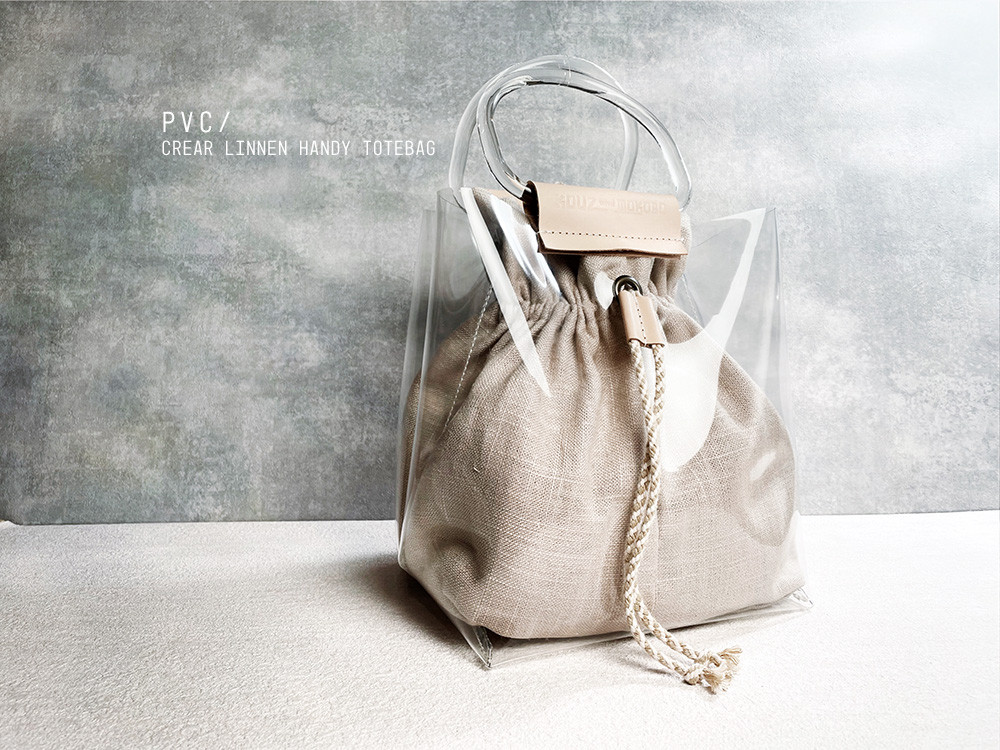 PVCとリネンと革：夏のクリアハンドル巾着ハンディートート　2WAY　リネン100　防水撥水(BH220705)