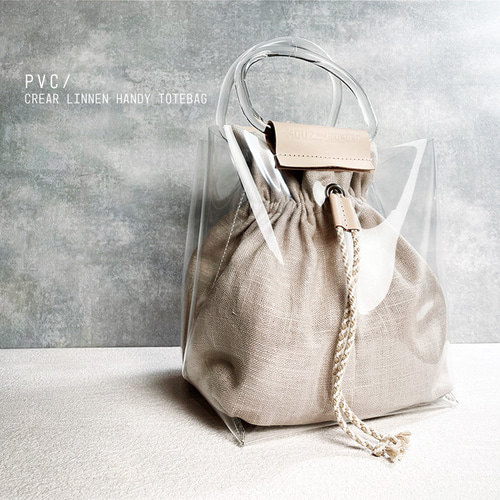 PVCとリネンと革：夏のクリアハンドル巾着ハンディートート 2WAY  