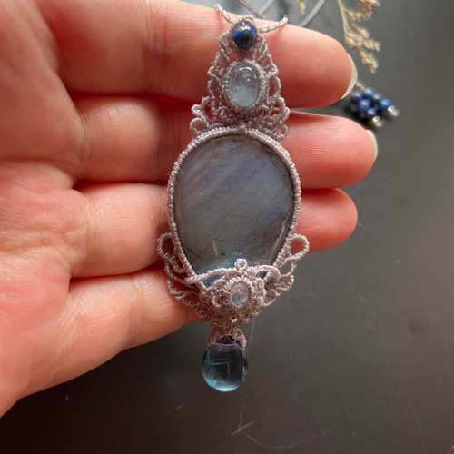 40mm☆大粒ラブラドライト×アクアマリン×レインボームーンストーン