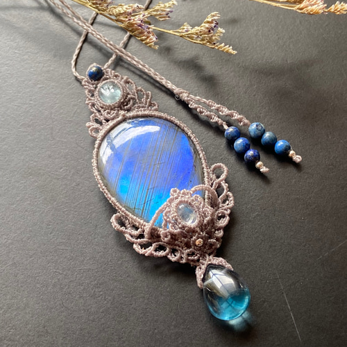 40mm☆大粒ラブラドライト×アクアマリン×レインボームーンストーン