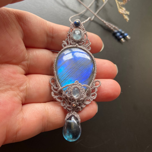 40mm☆大粒ラブラドライト×アクアマリン×レインボームーンストーン