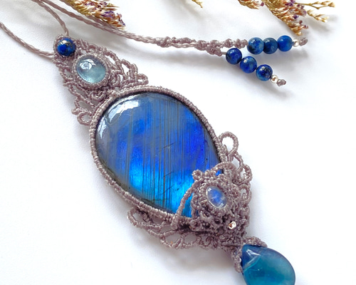 40mm☆大粒ラブラドライト×アクアマリン×レインボームーンストーン