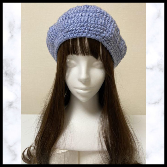 ニット帽　ブルー　手編み　ベレー帽　お花の模様　1年中着用できる　通気性あり 2枚目の画像