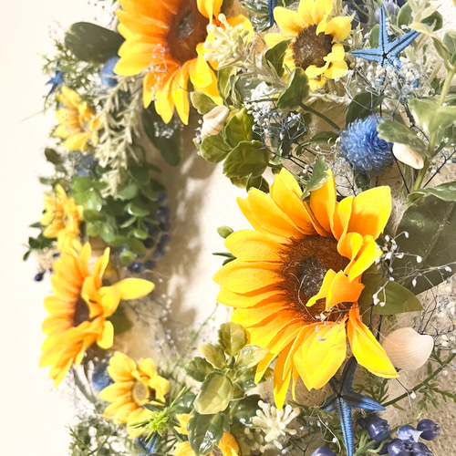 送料無料》向日葵と貝殻のサマーリース 35cm プリザ＆アーティ  