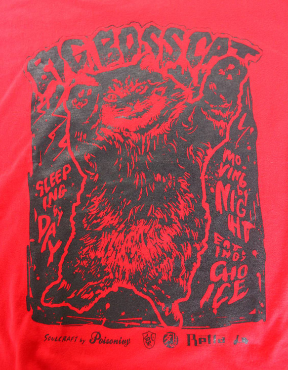 ボス猫！“BIG BOSS CAT” Tシャツ/ホラーショー/ユニセックス“ 誇りの赤黒” Lサイズ 2枚目の画像
