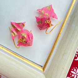 ピンク×ゴールド＊和紙で作った金魚のピアス/イヤリング 4枚目の画像