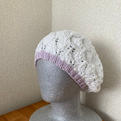 手編み　真っ白なコットンベレー帽 1枚目の画像