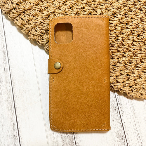 スマホケース 手帳型iPhoneケース キャメル 本革 レザークラフト