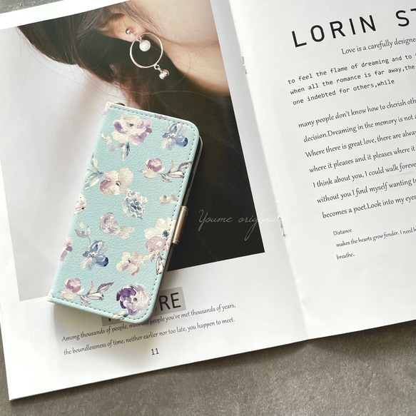 送料無料/iPhone7 /iPhone8/iPhone SE2/手帳型/ライトブルー/フラワー/水色 1枚目の画像