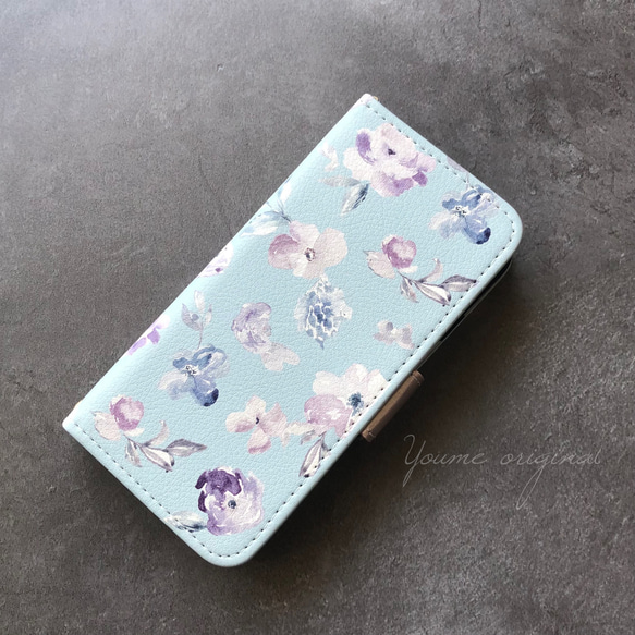 送料無料/iPhone7 /iPhone8/iPhone SE2/手帳型/ライトブルー/フラワー/水色 2枚目の画像
