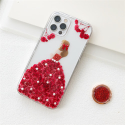 赤いドレス 押し花スマホケース イニシャル入れ iPhoneケース スマホリング iPhone13Pro 1枚目の画像