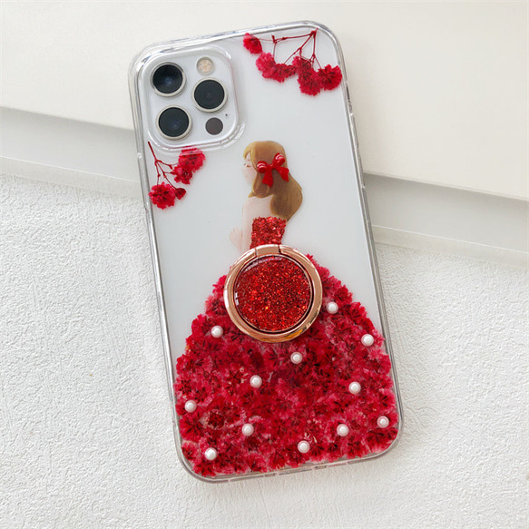 赤いドレス 押し花スマホケース イニシャル入れ iPhoneケース スマホリング iPhone13Pro 2枚目の画像