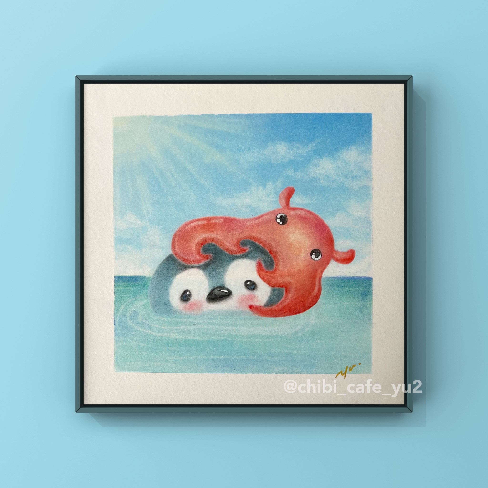 原画】ペンギンさんとメンダコさん パステルアート イラスト