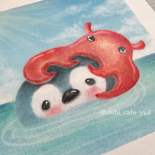 原画】ペンギンさんとメンダコさん パステルアート イラスト イラスト