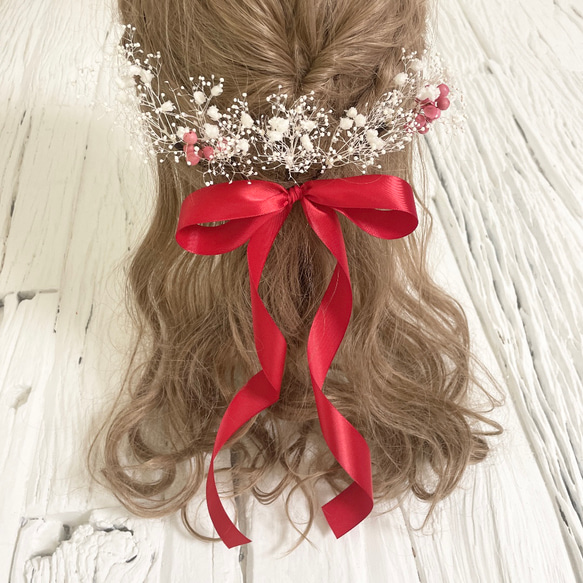 かすみ草いっぱい 髪飾り ヘッドドレス 赤リボン - ヘアピン