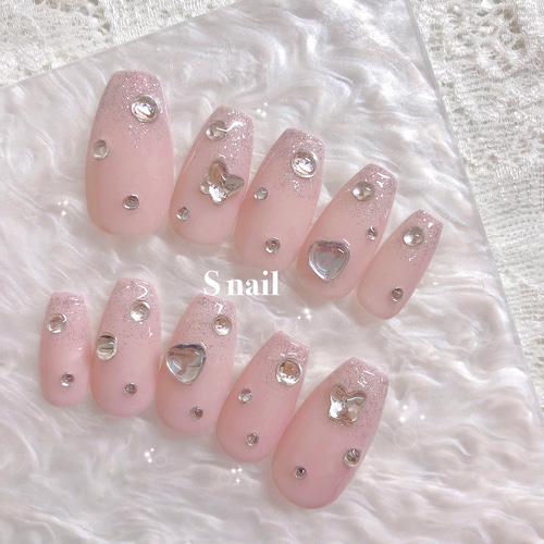 ネイルチップ ピンク ワンホンネイル 韓国 蝶々 ハート ストーン