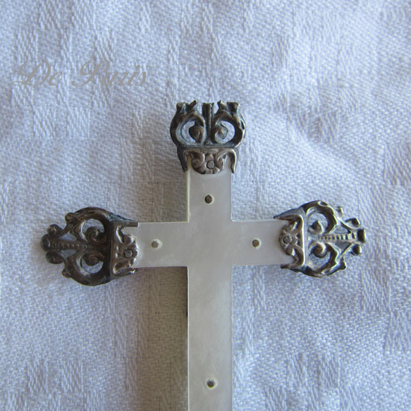 フランスアンティーク十字架マザーオブパール銀製リメイク用ペンダント 4枚目の画像