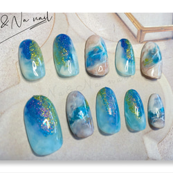 夏ネイル②　海　ビーチ　かわいい　水着　おしゃれ　ブルー　砂　海辺　ネイル ネイルチップ 付け爪 ネイルアート 3枚目の画像