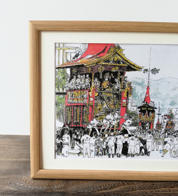 A4フレーム付き「京都　祇園祭　辻回し」　京の水彩画工房　 3枚目の画像