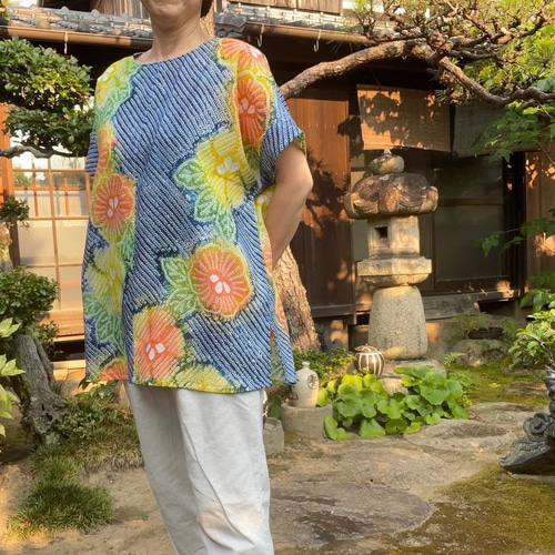 着物リメイク 絞りのカシュクールブラウス/ L ストール付き