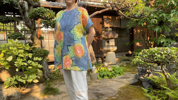 着物リメイク 浴衣有松絞り フレンチ袖チュニック