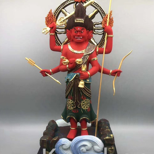 最高級 木彫り 仏像 三宝荒神立像 彫刻 彩繪 本金 切金 天然木檜