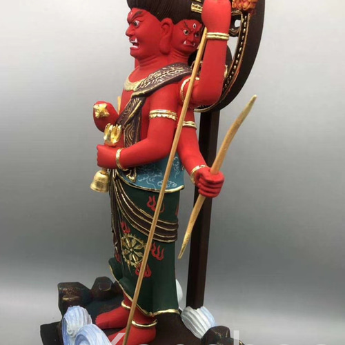 最高級 木彫り 仏像 三宝荒神立像 彫刻 彩繪 本金 切金 天然木檜