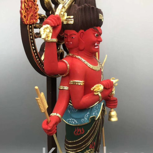 最高級 木彫り 仏像 三宝荒神立像 彫刻 彩繪 本金 切金 天然木檜