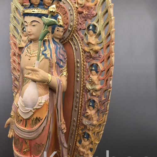 【修縁堂】高品質 木彫仏像 十一面観音菩薩立像 観音菩薩 彫刻 彩繪 切金 木彫り彫刻 仏像 十一面観音菩薩 立像 截金彩色 光背金箔仕上