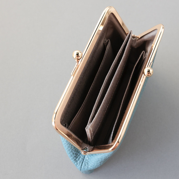 送料無料 イタリアンシボ がま口 財布 小さい財布 軽量 国産 牛革 ピンクゴールド 口金 グレージュ 3枚目の画像