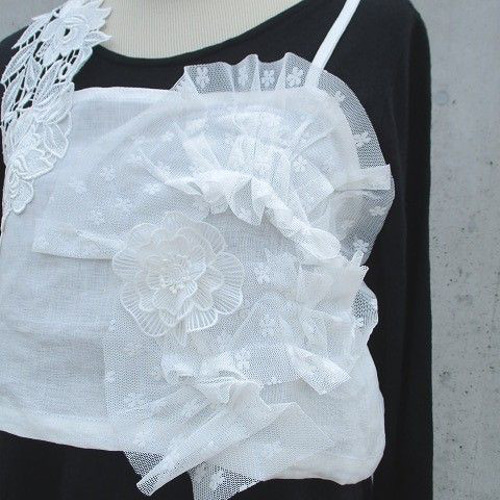 新作】オフ白 リネン チュールフリル ケミカルレース コラージュ