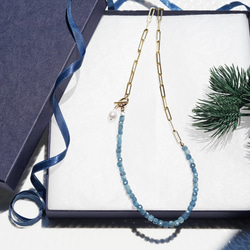 ☆ディープブルーアクアマリンと真珠のサージカルステンレス・マンテルネックレス　～Lagoon 12枚目の画像