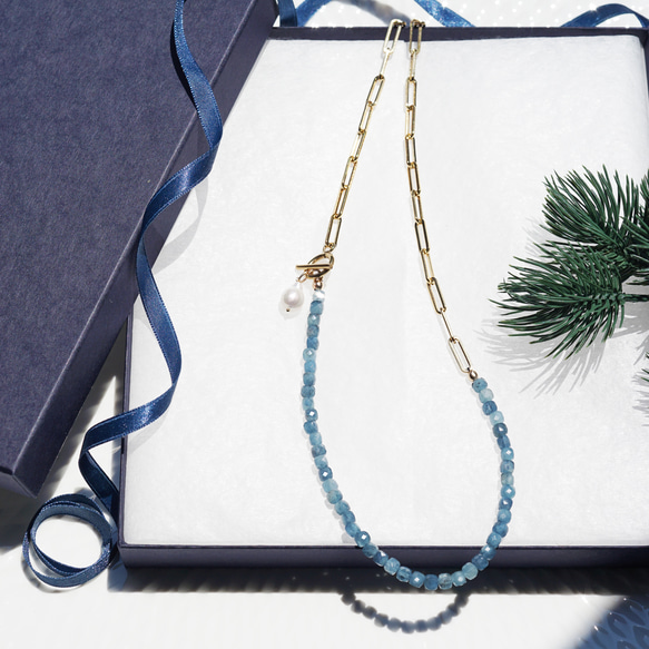 ☆ディープブルーアクアマリンと真珠のサージカルステンレス・マンテルネックレス　～Lagoon 12枚目の画像
