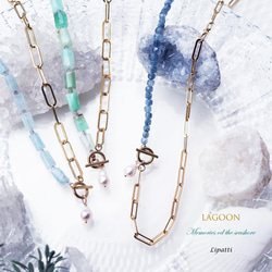 ☆ディープブルーアクアマリンと真珠のサージカルステンレス・マンテルネックレス　～Lagoon 4枚目の画像