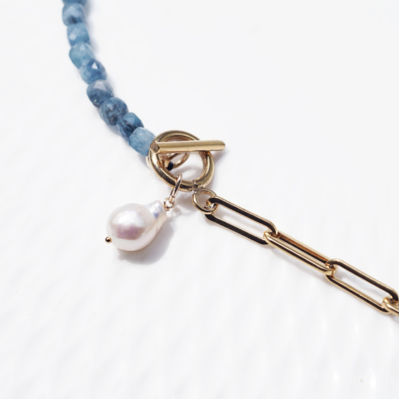 ☆ディープブルーアクアマリンと真珠のサージカルステンレス・マンテルネックレス　～Lagoon 14枚目の画像