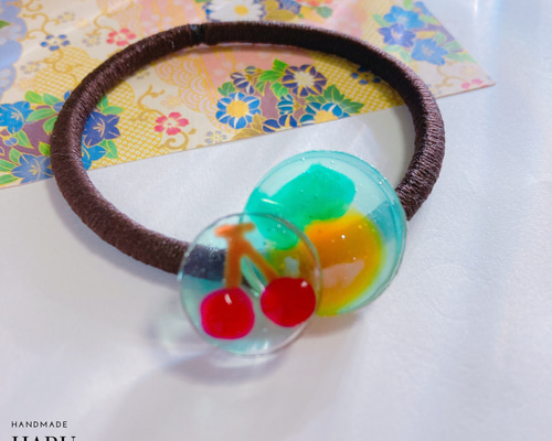 キッズ】♡さくらんぼとみかんの夏ゼリーヘアゴム♡【金属不使用 